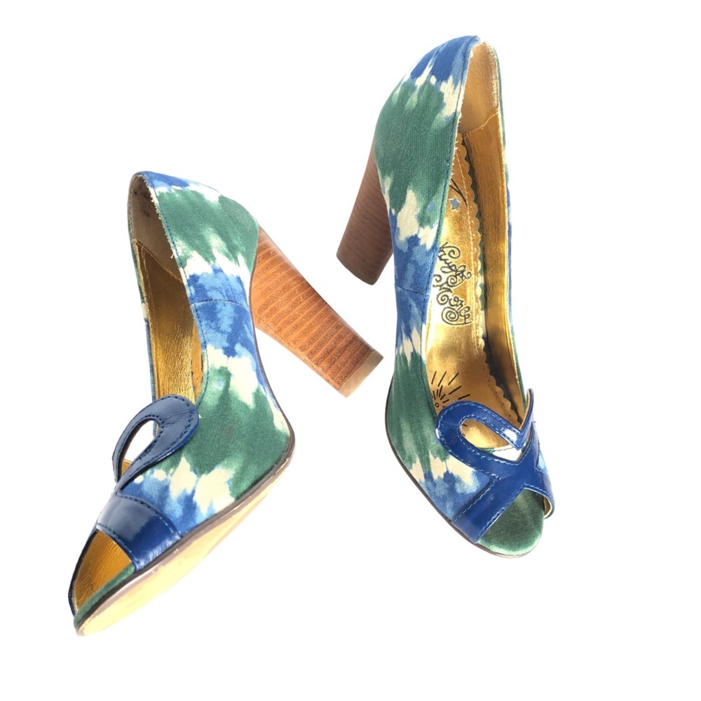 Naughty Monkey Chunky Heels, Blue and Green Watercolor Design, Size 6, Peep Toes